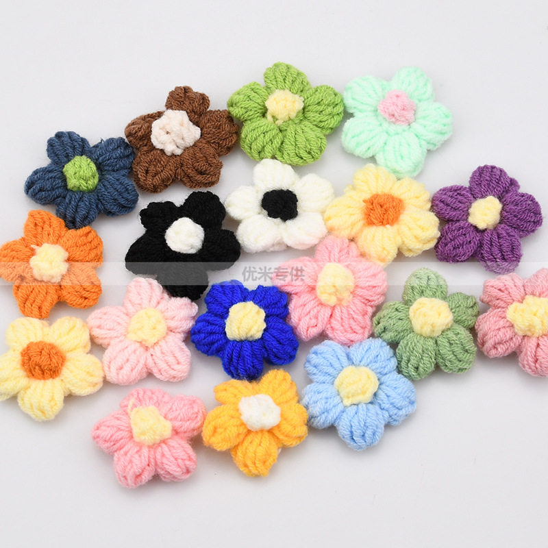 Craft Embellishments - งานถักโครเชต์ดอกไม้ห้ากลีบทำมือ, แผ่นปะลายดอกเดซี่ถักนิตติ้ง, ของตกแต่งดอกไม้จากเส้นด้ายฝ้ายสำหรับทำกิ๊บติดผม, เสื้อผ้า, กระเป๋า, หมวก