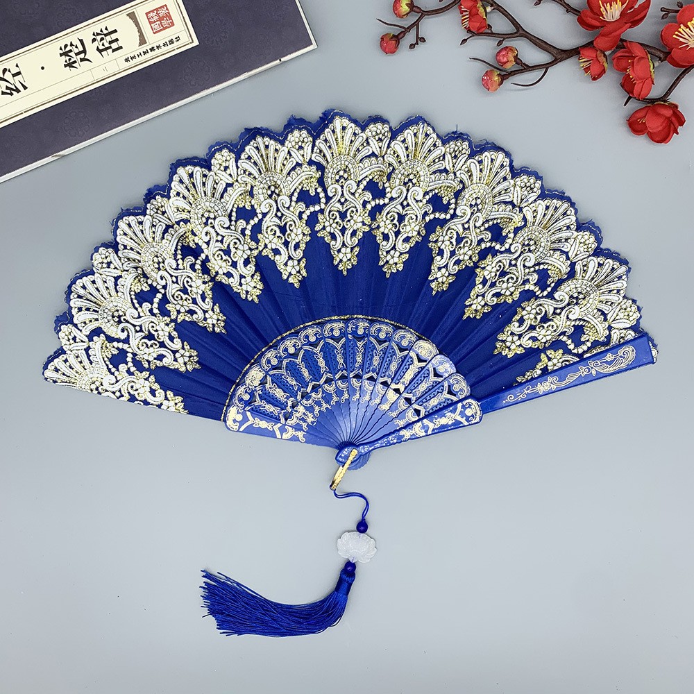 Tassel Fringe Trim - พัดจีนโบราณแบบพับได้ ลายลูกไม้สีทอง พร้อมพู่ห้อย เหมาะสำหรับงานแต่งงาน งานเต้นรำ ปี