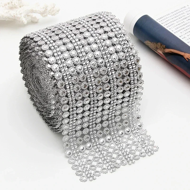 Hotfix Rhinestone Sheet - ตาข่ายเพชรคริสตัล16row 1หลาริบบิ้นประดับพลอยเทียมสำหรับช่อที่วางเทียนแจกันงานแต่งงานของตกแต่งบ้าน