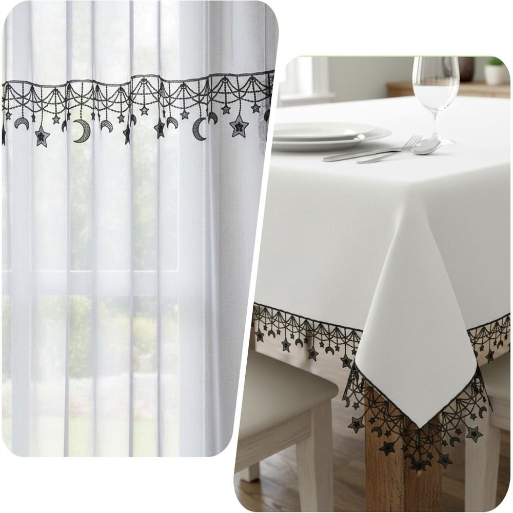Lace Ribbon Trim - อุปกรณ์เย็บผ้า ริบบิ้นลูกไม้สีดำและขาว กว้าง 10 ซม. ลายดาวและพระจันทร์