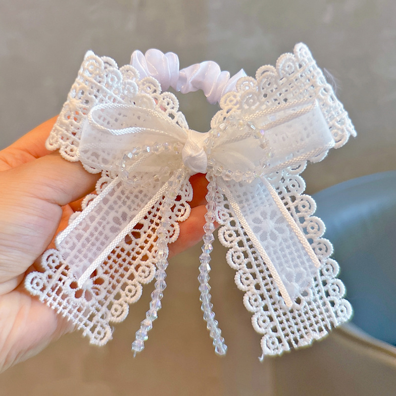 Tassel Fringe Trim - ยางรัดผมแบบยืดหยุ่น โบว์ลูกไม้สีขาว ประดับมุก พู่ห้อย ริบบิ้น สวยหรู