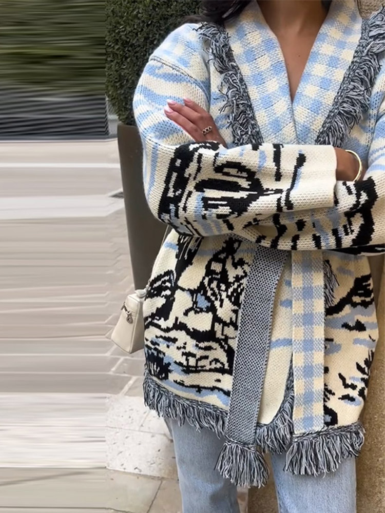 เสื้อคาร์ดิแกนถักลายพิมพ์พร้อม - Tassel Fringe Trim บทวิจารณ์และราคา